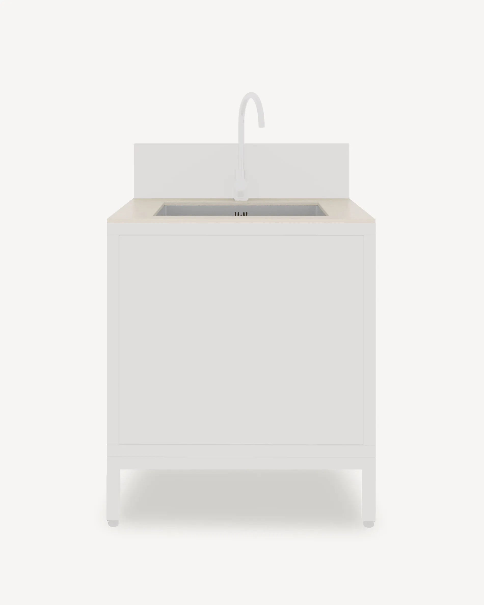 Pilotis-Modul Spülbecken mit Ablage, cremebeiger Front und Armatur, Produktabbildung vor weißem Hintergrund