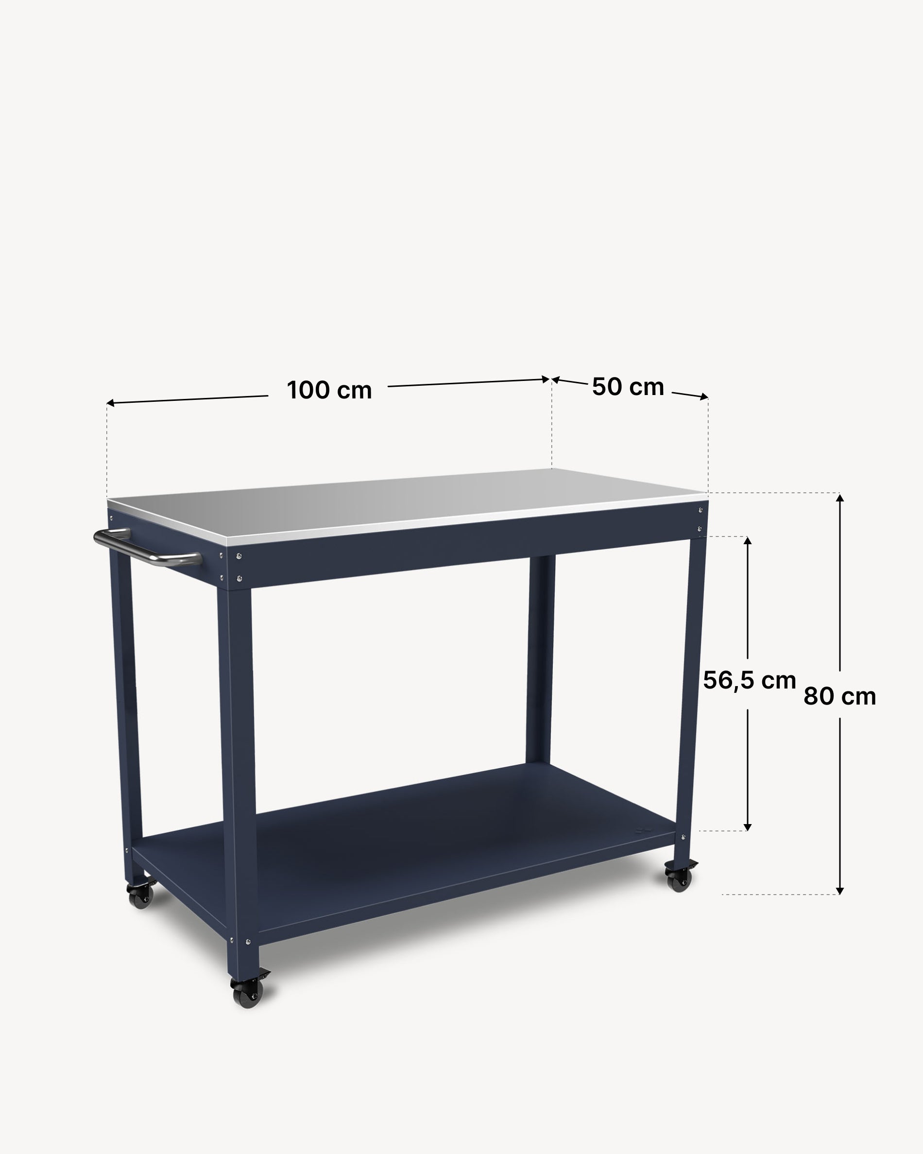 Schema delle dimensioni del carrello in metallo Kokko 100 × 50 cm, colore navy.