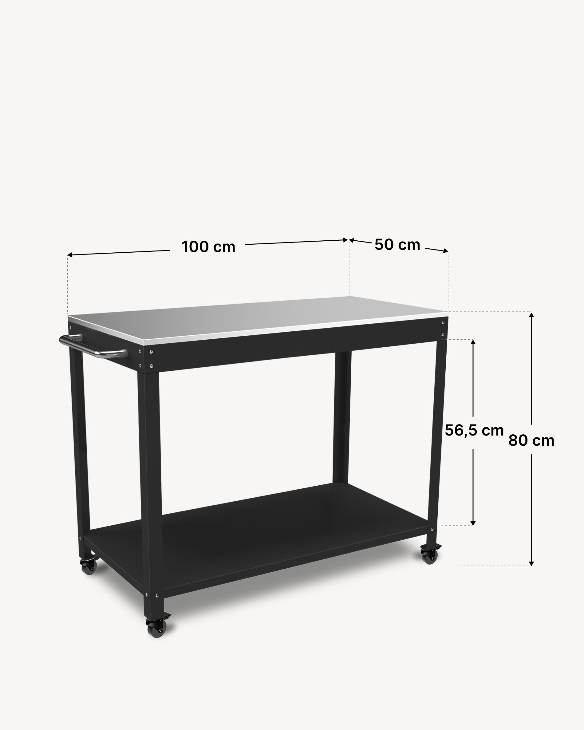 Schema delle dimensioni del carrello in metallo Kokko 100 × 50 cm, colore nero.