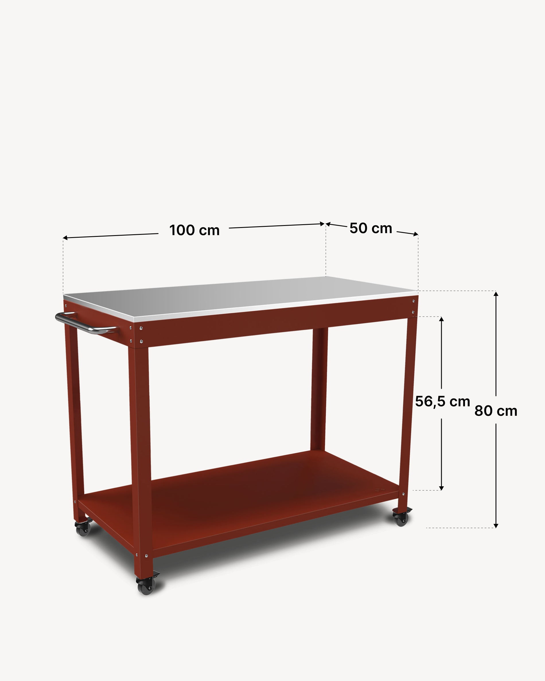 Schema delle dimensioni del carrello in metallo Kokko 100 × 50 cm, colore ossido.