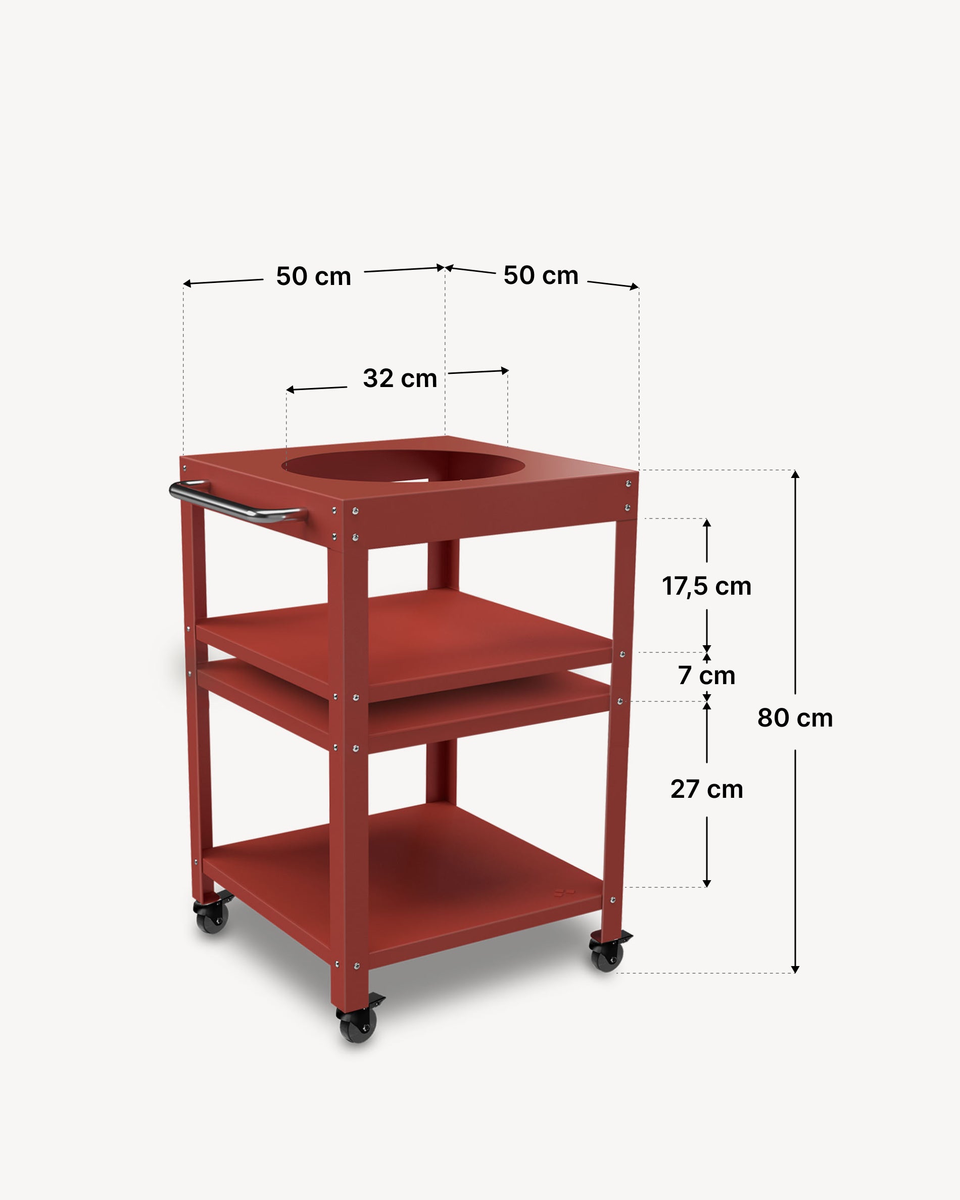 Dimensioni del carrello in metallo 50 × 50 cm per Kokko 13, colore corallo.