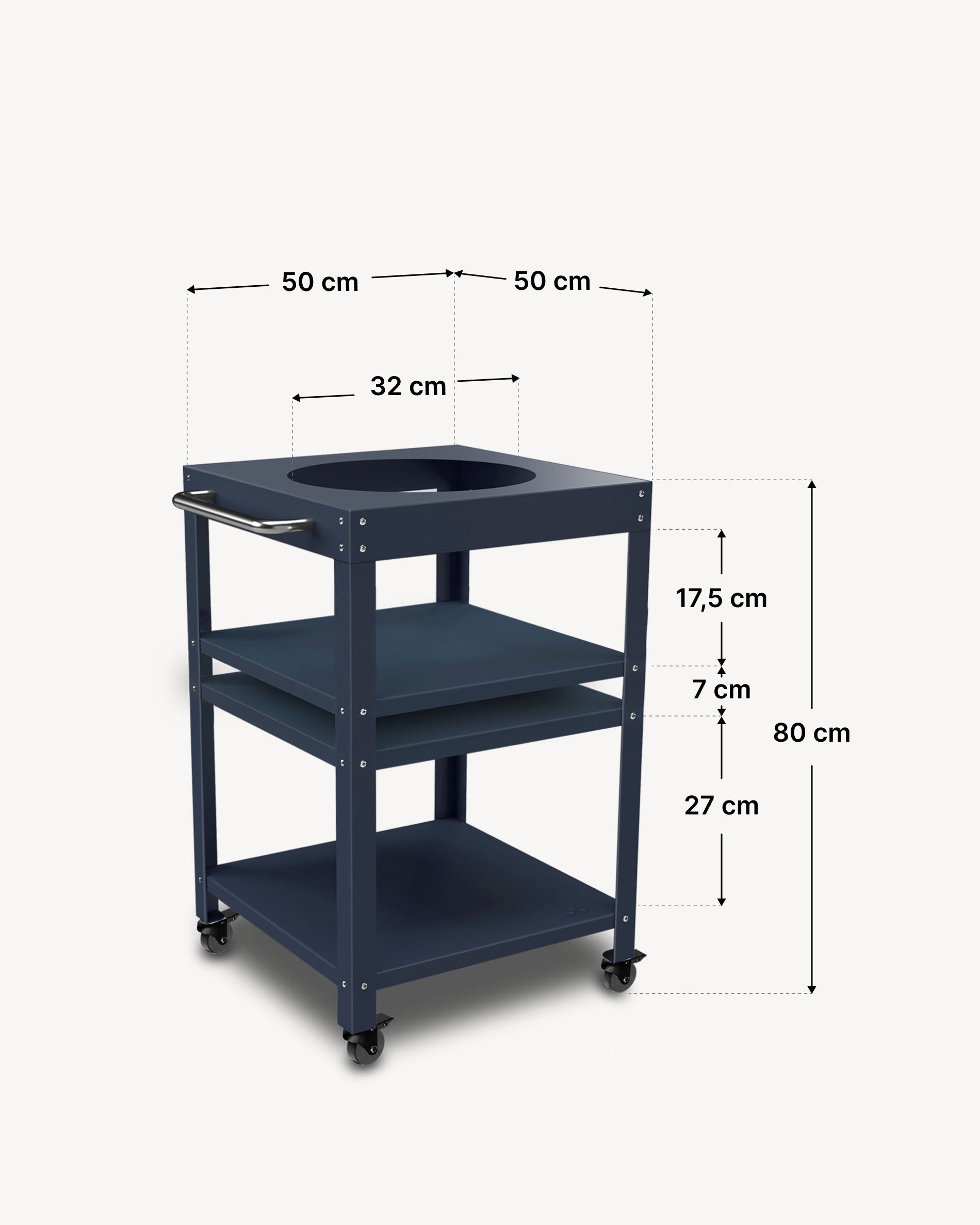Dimensioni del carrello in metallo 50 × 50 cm per Kokko 13, colore blu navy.