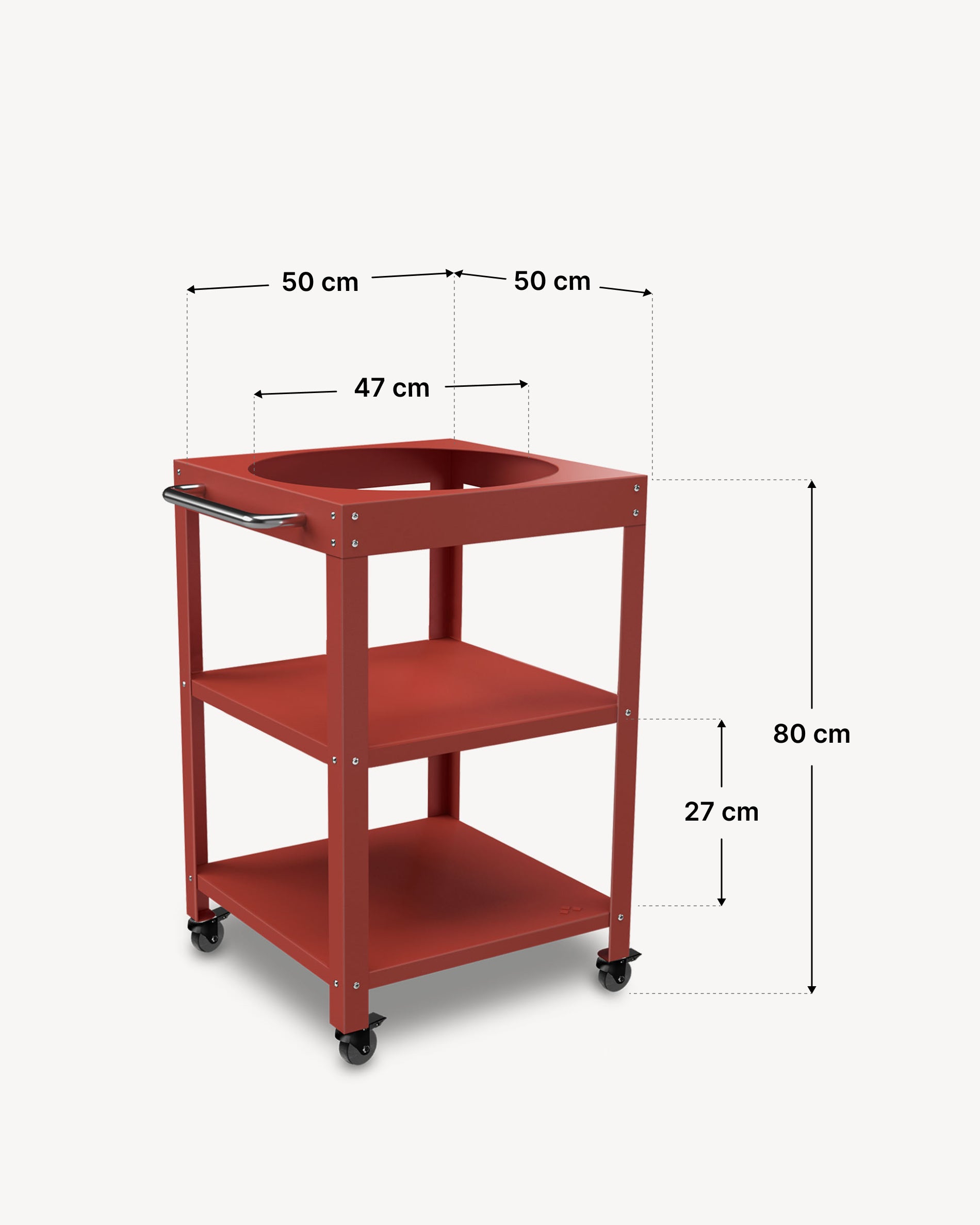 Maße des Metall-Beistelltischs 50 × 50 cm für Kokko 18, Farbe Koralle.