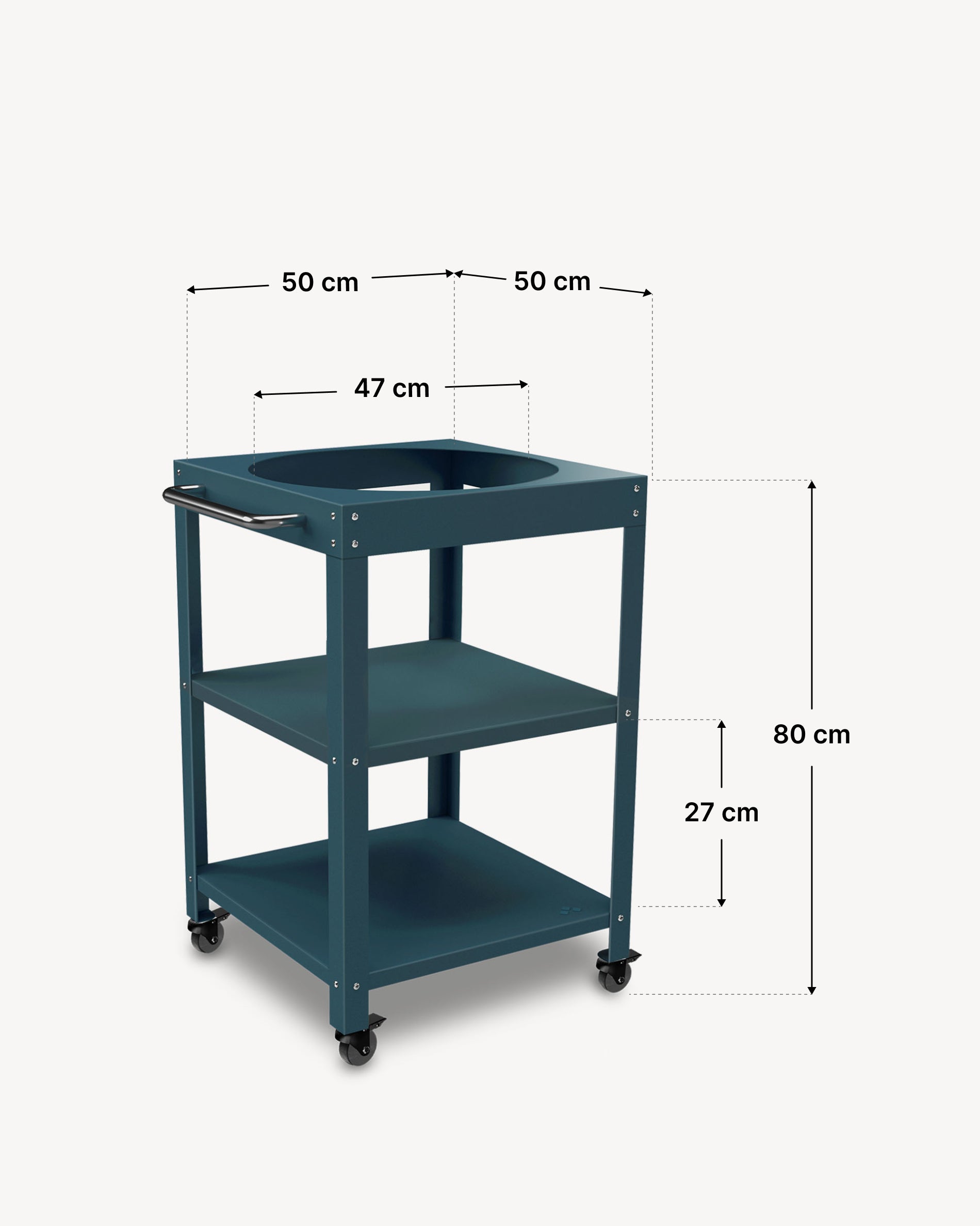 Maße des Metall-Beistelltischs 50 × 50 cm für Kokko 18, Farbe Ozeanblau.