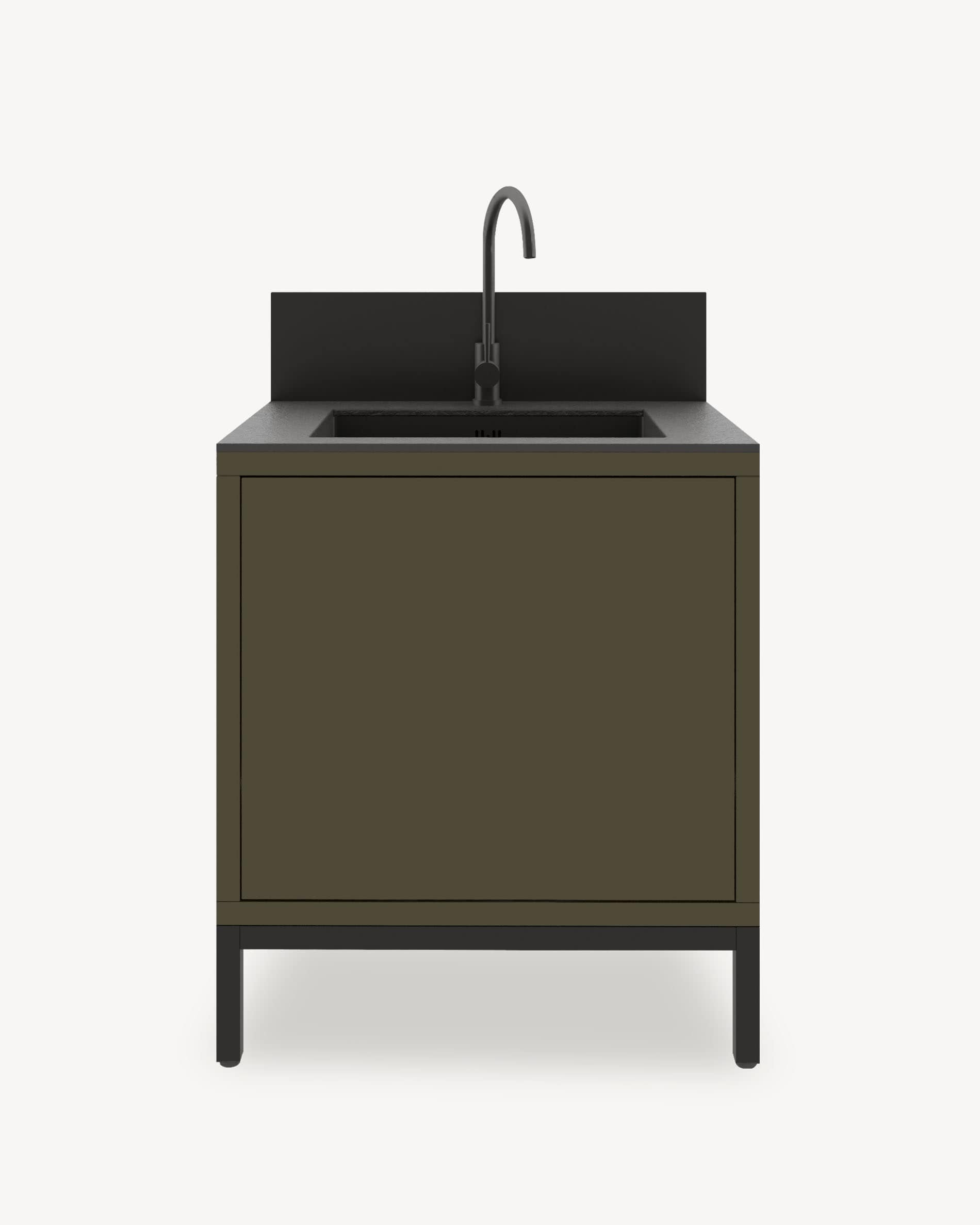 Modulo cucina su palafitte con lavello integrato, mobile verde oliva con vano chiuso, piano di lavoro scuro e alzatina integrata.