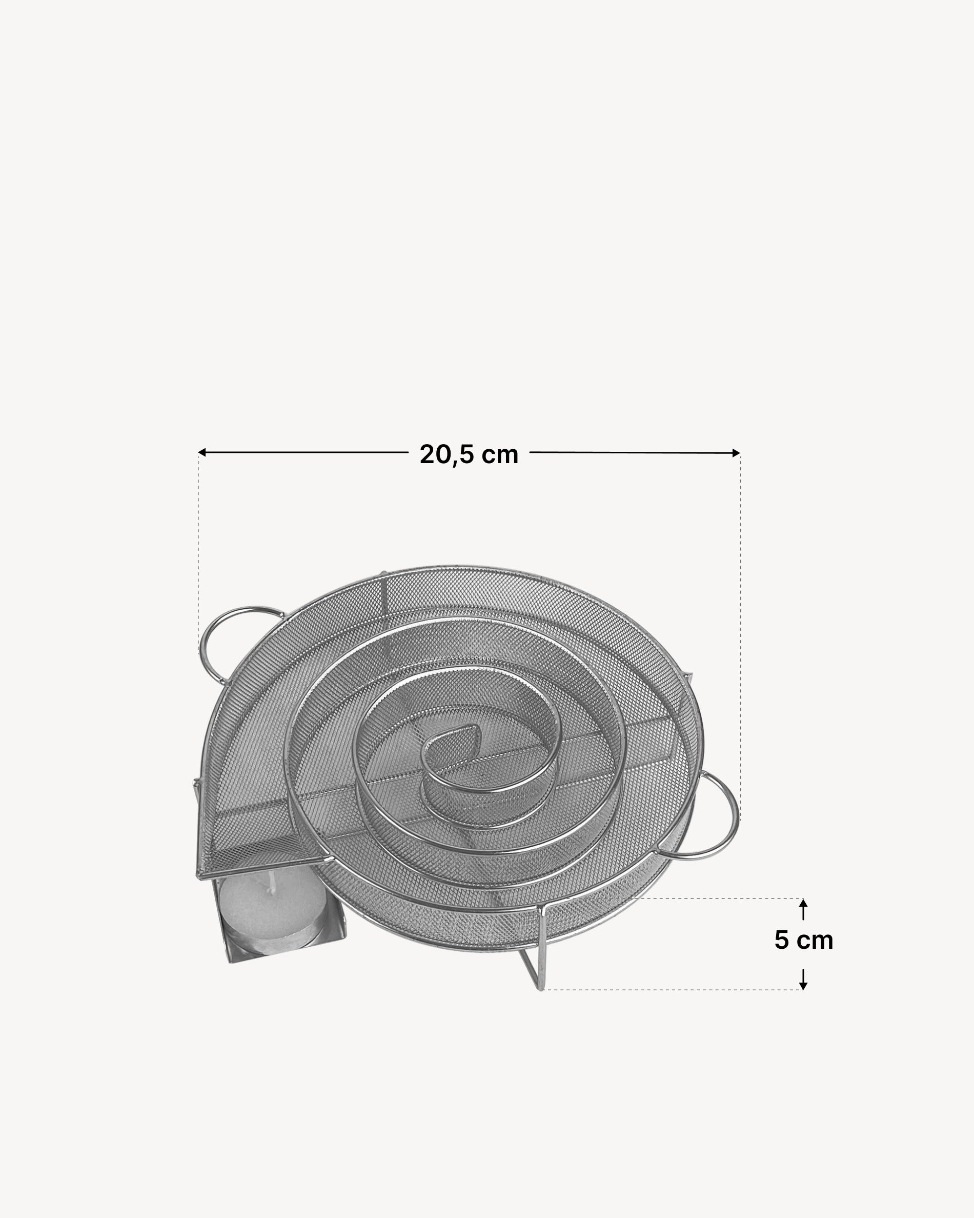 Räucherschnecke aus Edelstahl für Kalträuchern mit rundem Gitteraufbau, seitlichen Griffen und Platz für Anzündhilfe, abgebildet mit Maßskizze: Durchmesser 20,5 cm, Höhe 5 cm.